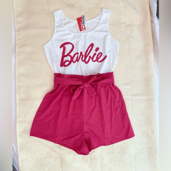 PatPat Pants - Women Barbie Letter Print Belted Combo Tank Hot Pink Rompers
